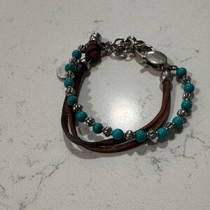 Turquoise and Silver Beaded Bracelet with Leather Accents